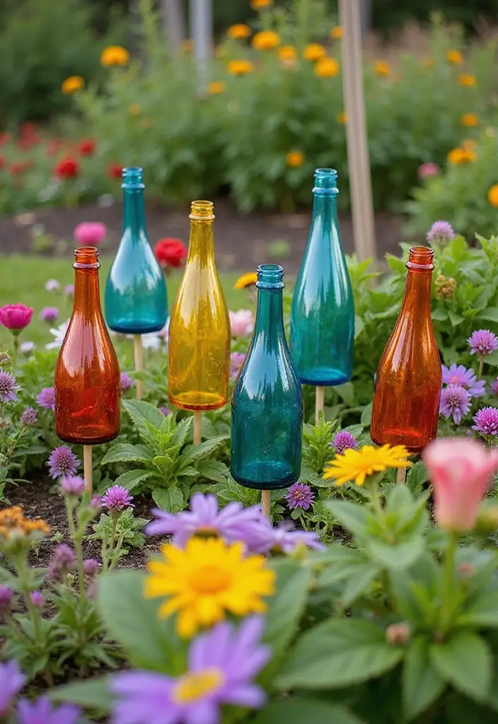 25 DIY Glass Bottle Crafts Ideas Home Decor for a Chic Look - 3. Whimsical Garden Stakes