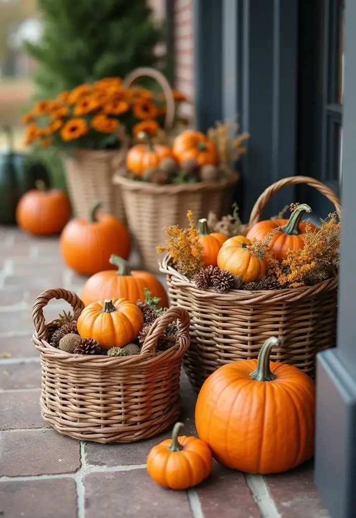25 Fall Front Porch Decor Ideas Easy DIY Projects for Warm Welcomes - 21. Woven Basket Displays