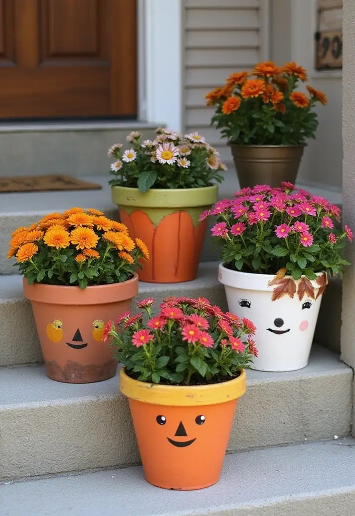25 Fall Front Porch Decor Ideas Easy DIY Projects for Warm Welcomes - 22. Painted Fall-Themed Flower Pots