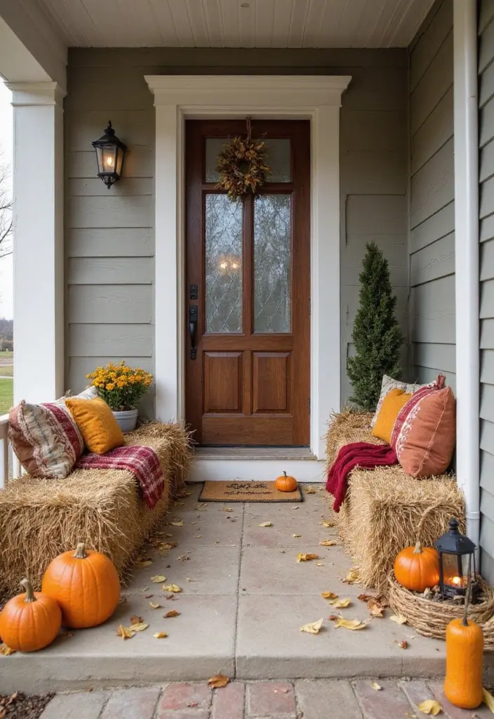 25 Fall Front Porch Decor Ideas Easy DIY Projects for Warm Welcomes - 3. Hay Bale Seating