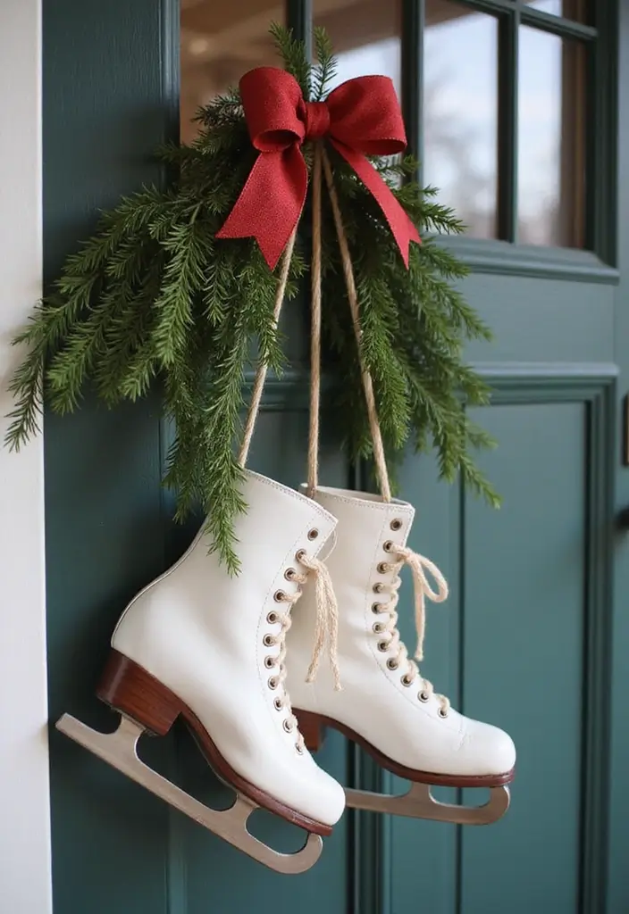 25 Front Door Christmas Decor Ideas DIY That Welcome Joy - 17. Vintage Skates Door Decor