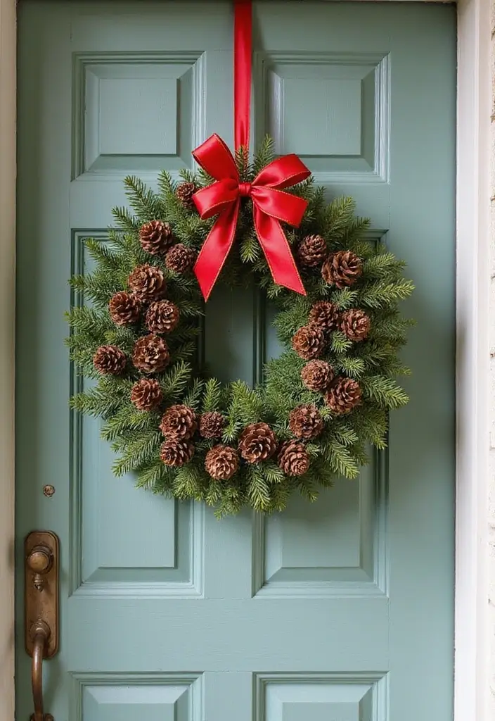 25 Front Door Christmas Decor Ideas DIY That Welcome Joy - 19. Pinecone and Ribbon Door Hanger