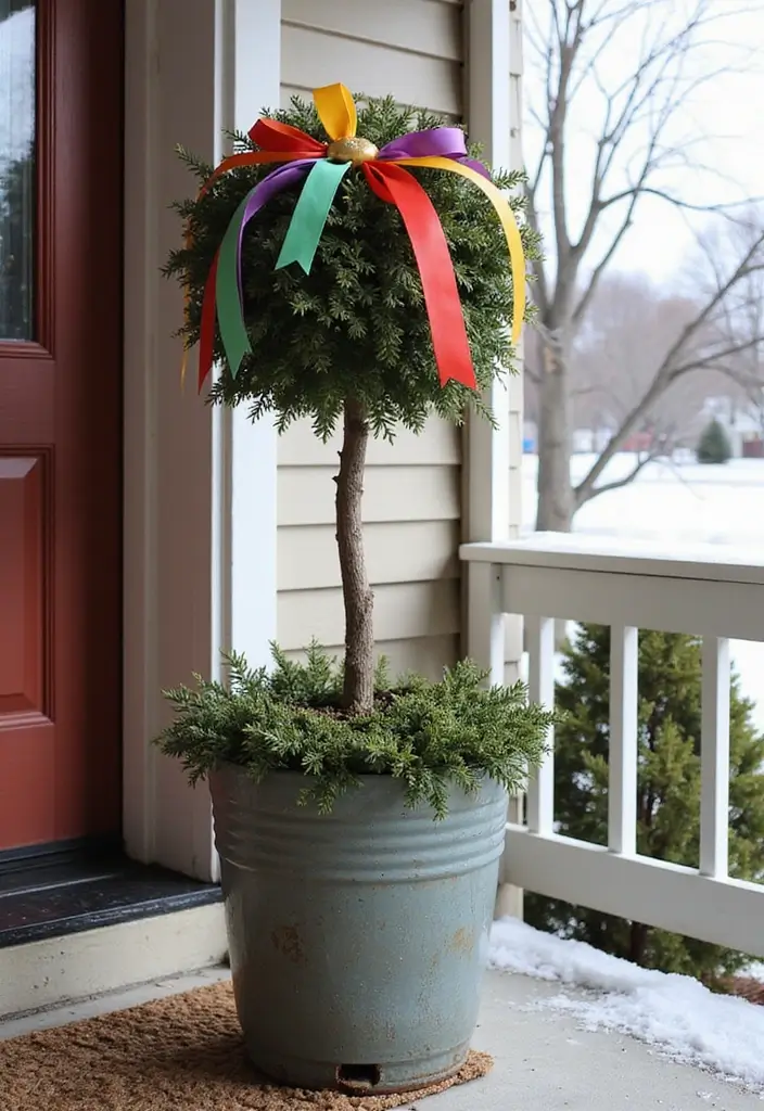 25 Front Door Christmas Decor Ideas DIY That Welcome Joy - 23. Colorful Ribbon Topiary