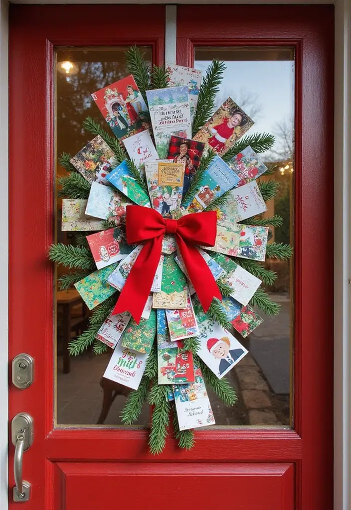 25 Front Door Christmas Decor Ideas DIY That Welcome Joy - 7. Upcycled Christmas Card Display
