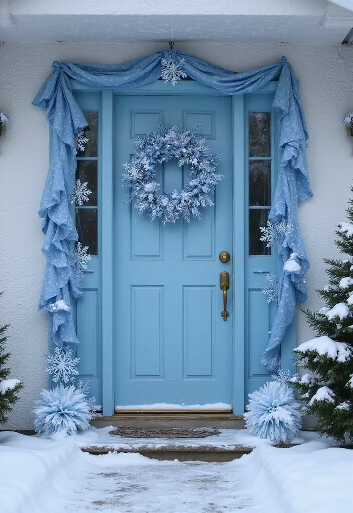 25 Front Door Christmas Decor Ideas DIY That Welcome Joy - 8. Icy Blue Door Accents