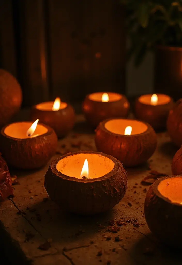 25 Ganesh Decoration Ideas Home Decor DIY for Festive Homes - 6. DIY Coconut Shell Lamps