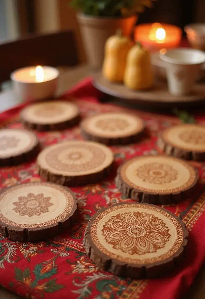 27 DIY Mehendi Decor Ideas at Home for Festive Celebrations - 15. Mehendi Decorated Wooden Coasters