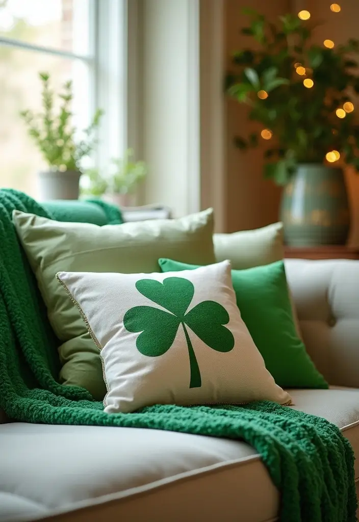 27 St Patrick’s Day Home Decor DIY Ideas Full of Green Charm - 11. Green Pillows