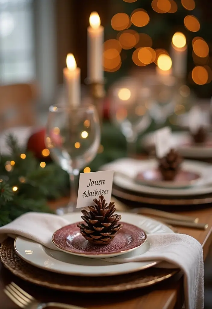30 Christmas Party Decor Ideas Easy DIY for Magical Gatherings - 10. Pinecone Place Cards