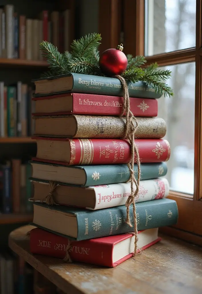 30 Christmas Party Decor Ideas Easy DIY for Magical Gatherings - 18. Holiday Themed Book Stack