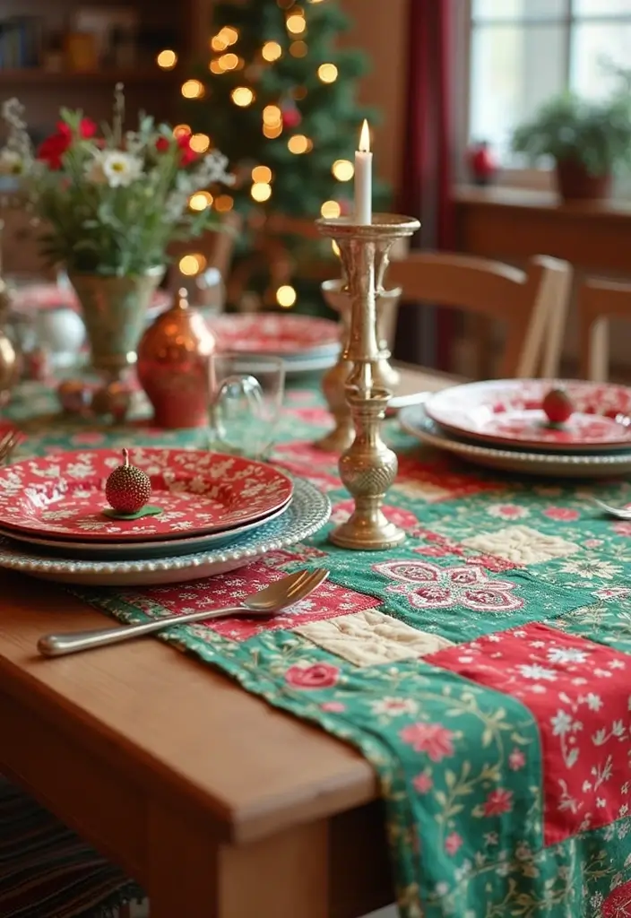 30 Christmas Party Decor Ideas Easy DIY for Magical Gatherings - 6. Fabric Scraps Table Runner