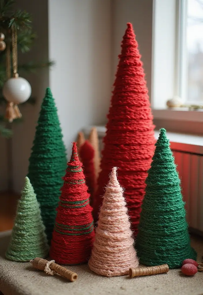 30 DIY Christmas Decorations for Home Decor Full of Holiday Spirit - 25. Yarn-Wrapped Christmas Trees