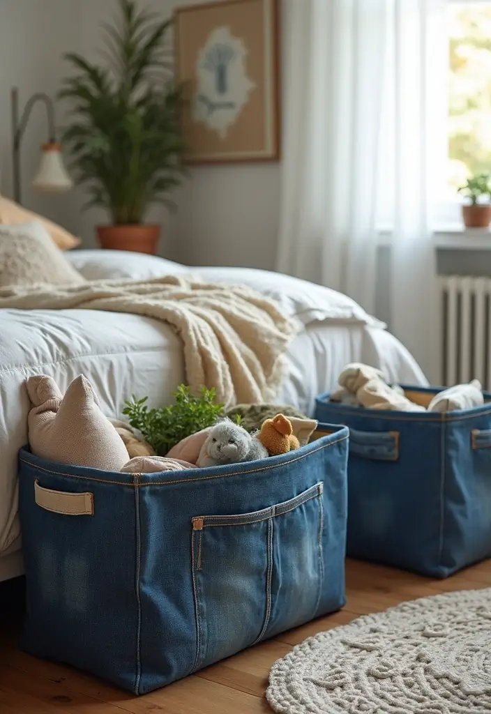 30 DIY Home Decor Easy Bedroom Craft Ideas for a Cozy Vibe - 12. Upcycled Denim Storage Bins