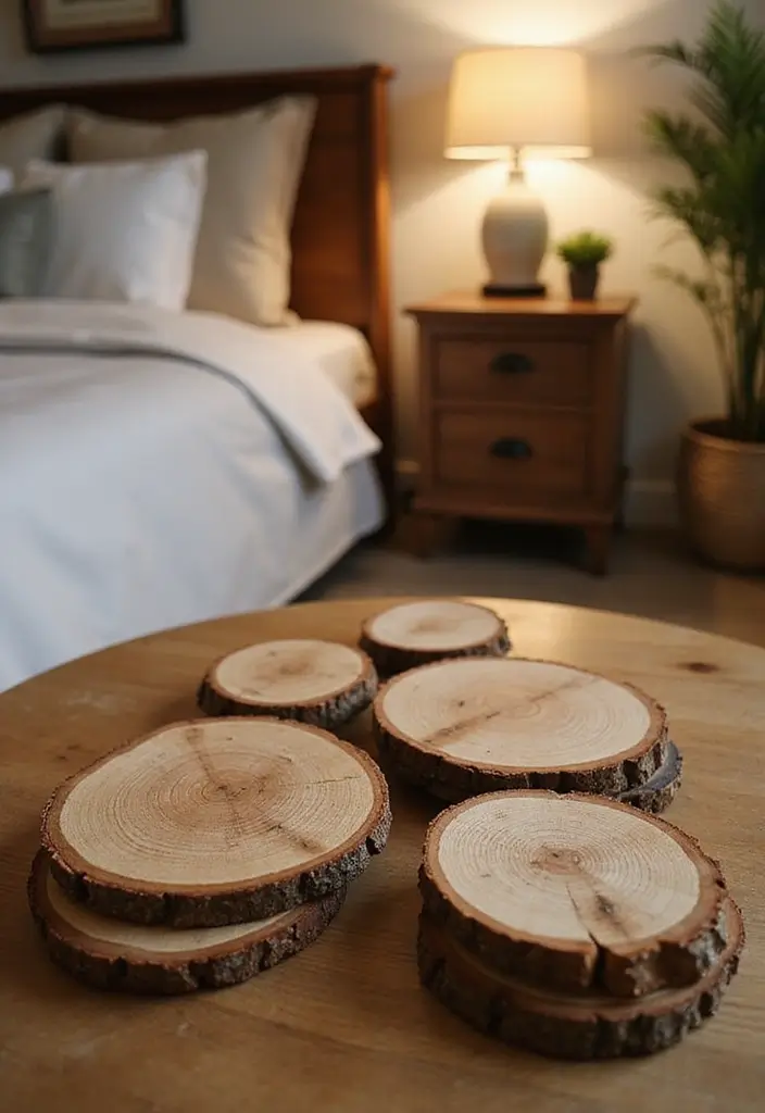 30 DIY Home Decor Easy Bedroom Craft Ideas for a Cozy Vibe - 13. Rustic Wood Slice Coasters