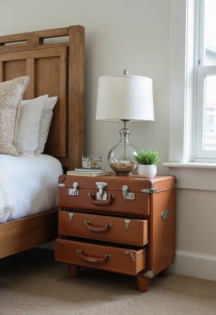 30 DIY Home Decor Easy Bedroom Craft Ideas for a Cozy Vibe - 17. Vintage Suitcase Nightstand
