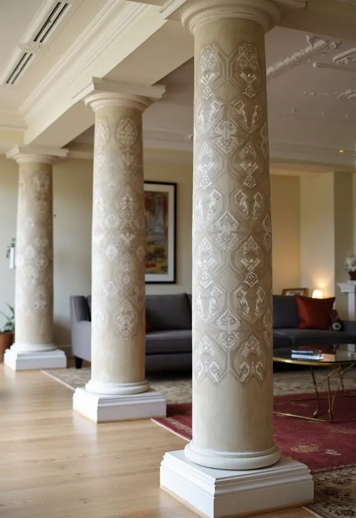 30 DIY Living Room Decor on a Budget That Looks High-End - 15. Stencil Accent Pillars