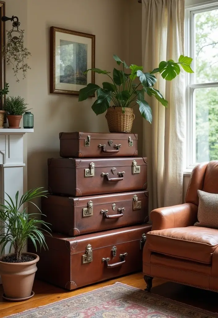 30 DIY Living Room Decor on a Budget That Looks High-End - 18. Vintage Suitcase Decor