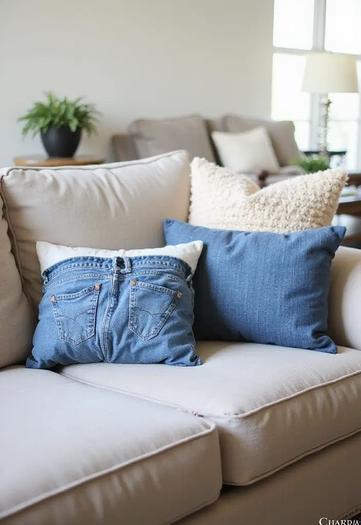30 DIY Living Room Decor on a Budget That Looks High-End - 29. Upcycled Denim Pillows