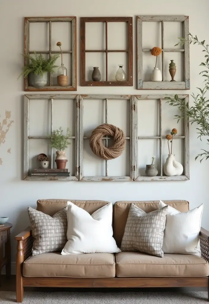 30 DIY Living Room Wall Decor Ideas to Refresh Your Home - 13. Upcycled Window Frame Art