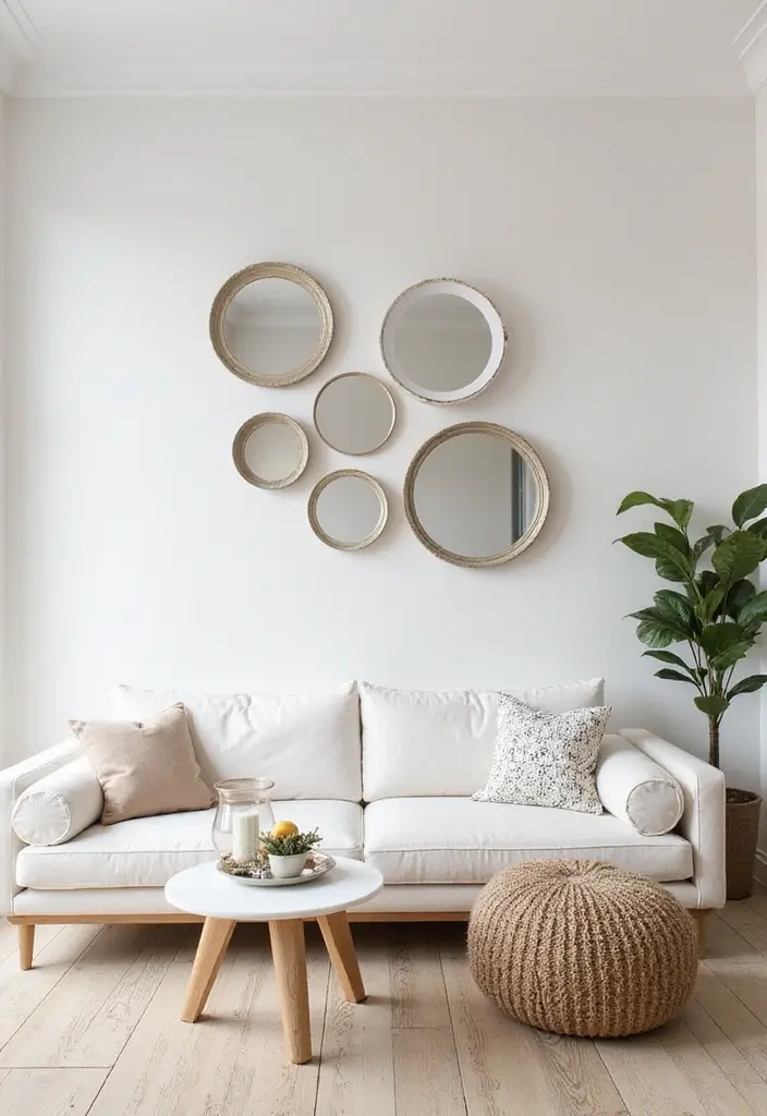 30 DIY Living Room Wall Decor Ideas to Refresh Your Home - 16. Circular Mirrors Wall Decor