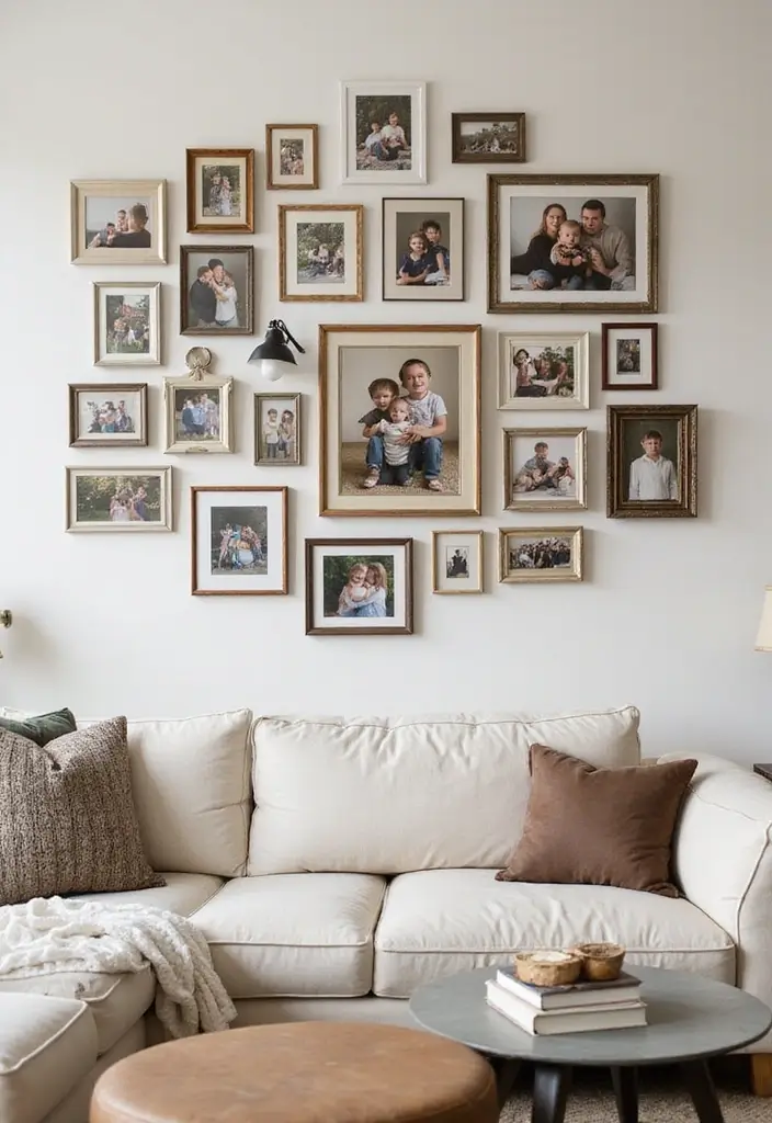 30 DIY Living Room Wall Decor Ideas to Refresh Your Home - 20. Picture Frame Collage
