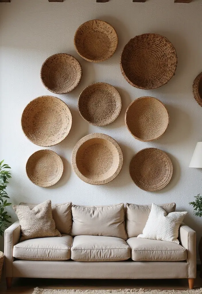 30 DIY Living Room Wall Decor Ideas to Refresh Your Home - 25. Decorative Wall Baskets