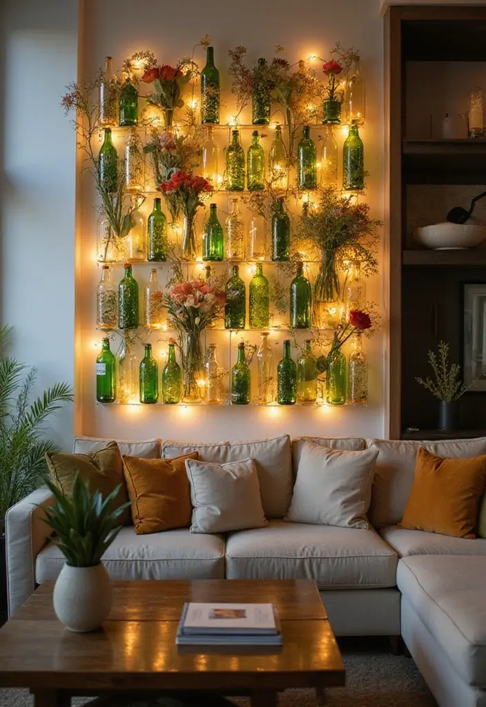 30 DIY Living Room Wall Decor Ideas to Refresh Your Home - 28. Recycled Bottle Art