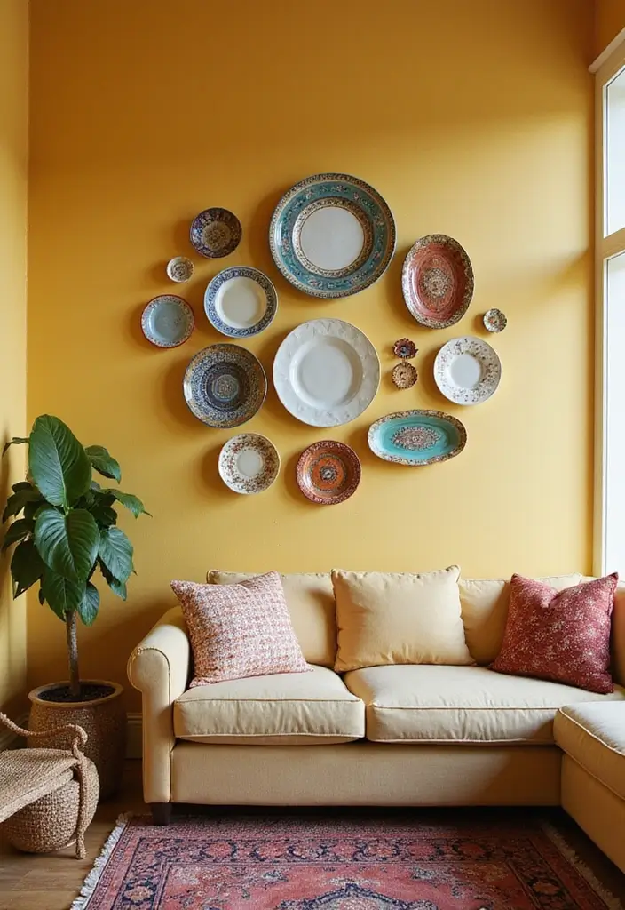 30 DIY Living Room Wall Decor Ideas to Refresh Your Home - 7. Vintage Plate Wall Display