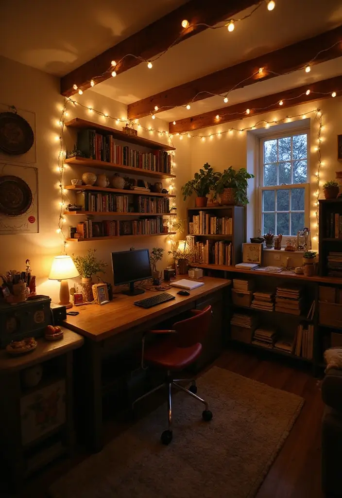 30 DIY Study Table Decor Ideas Craft Rooms That Spark Creativity - 11. String Lights for Ambiance