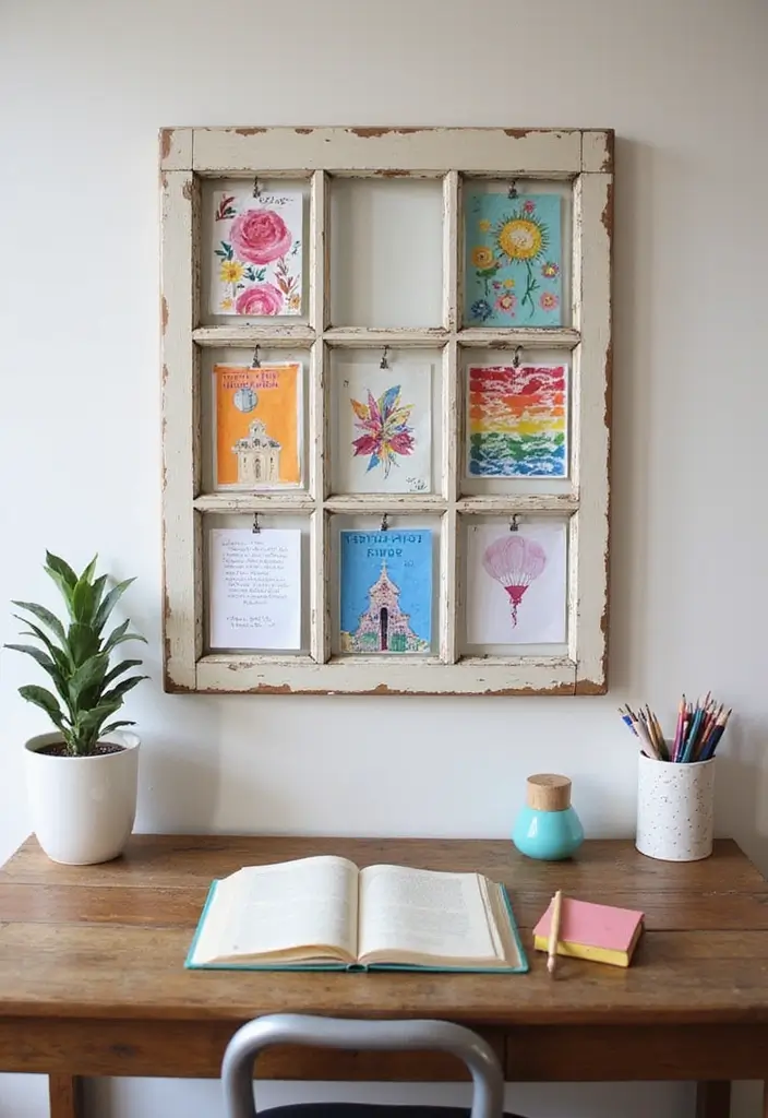30 DIY Study Table Decor Ideas Craft Rooms That Spark Creativity - 12. Repurposed Window Frame Art