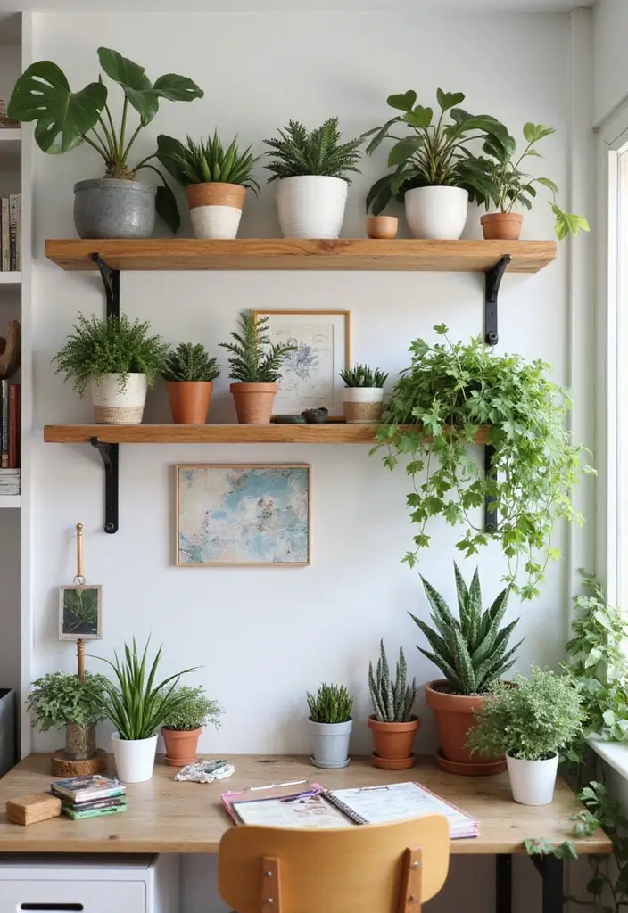 30 DIY Study Table Decor Ideas Craft Rooms That Spark Creativity - 2. Floating Shelves with Greenery