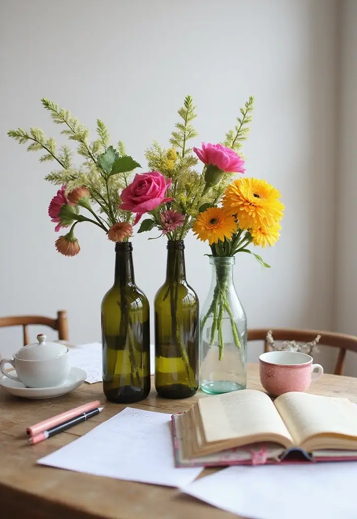 30 DIY Study Table Decor Ideas Craft Rooms That Spark Creativity - 22. Upcycled Wine Bottle Vases