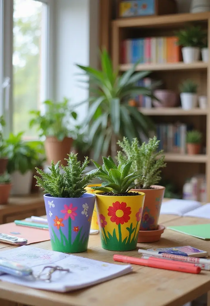 30 DIY Study Table Decor Ideas Craft Rooms That Spark Creativity - 25. Hand-Painted Flower Pots