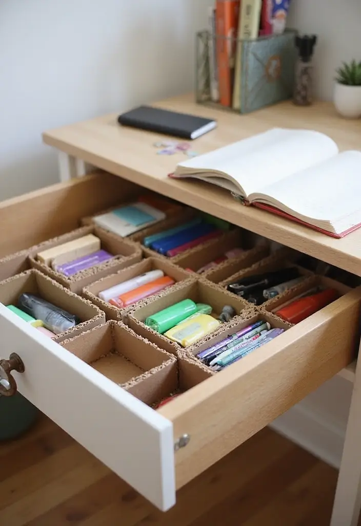 30 DIY Study Table Decor Ideas Craft Rooms That Spark Creativity - 29. Repurposed Cardboard Drawer Dividers