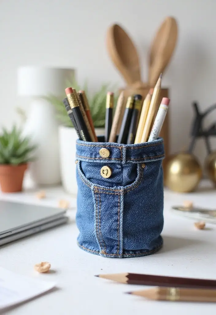 30 DIY Study Table Decor Ideas Craft Rooms That Spark Creativity - 4. Upcycled Denim Pencil Holder