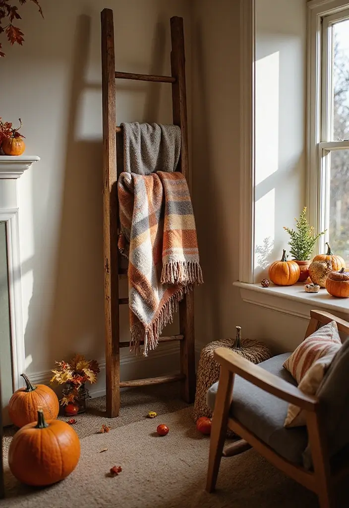 30 Fall Decor Ideas for the Home DIY Projects That Feel Cozy - 23. Flannel Blanket Ladder