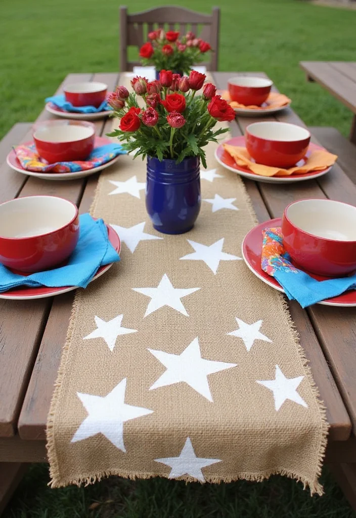 4th of July DIY Decor: A Patriotic Guide with 19 Festive Styling Inspirations - 3. Star-Spangled Burlap Table Runner
