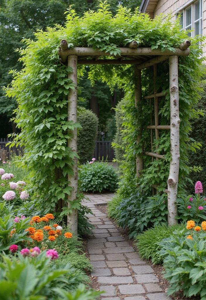 Birch Log Decor DIY Projects: A Natural Home Guide with 18 Woodland Styling Ideas - 18. Birch Log Garden Trellis