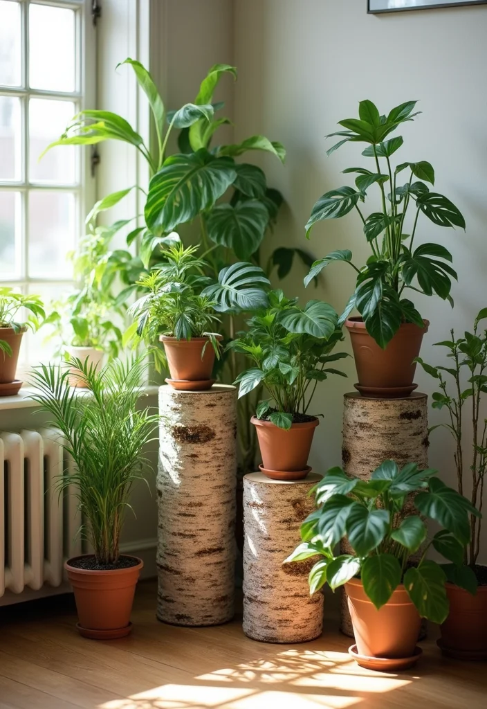 Birch Log Decor DIY Projects: A Natural Home Guide with 18 Woodland Styling Ideas - 3. Birch Log Plant Stands