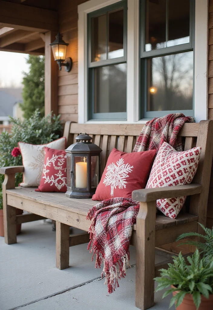 DIY Christmas Front Porch Decor: A Festive Guide with 20 Holiday Styling Ideas - 10. Rustic Bench Setup