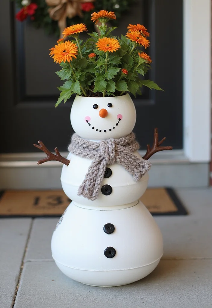 DIY Christmas Front Porch Decor: A Festive Guide with 20 Holiday Styling Ideas - 2. DIY Snowman Planters