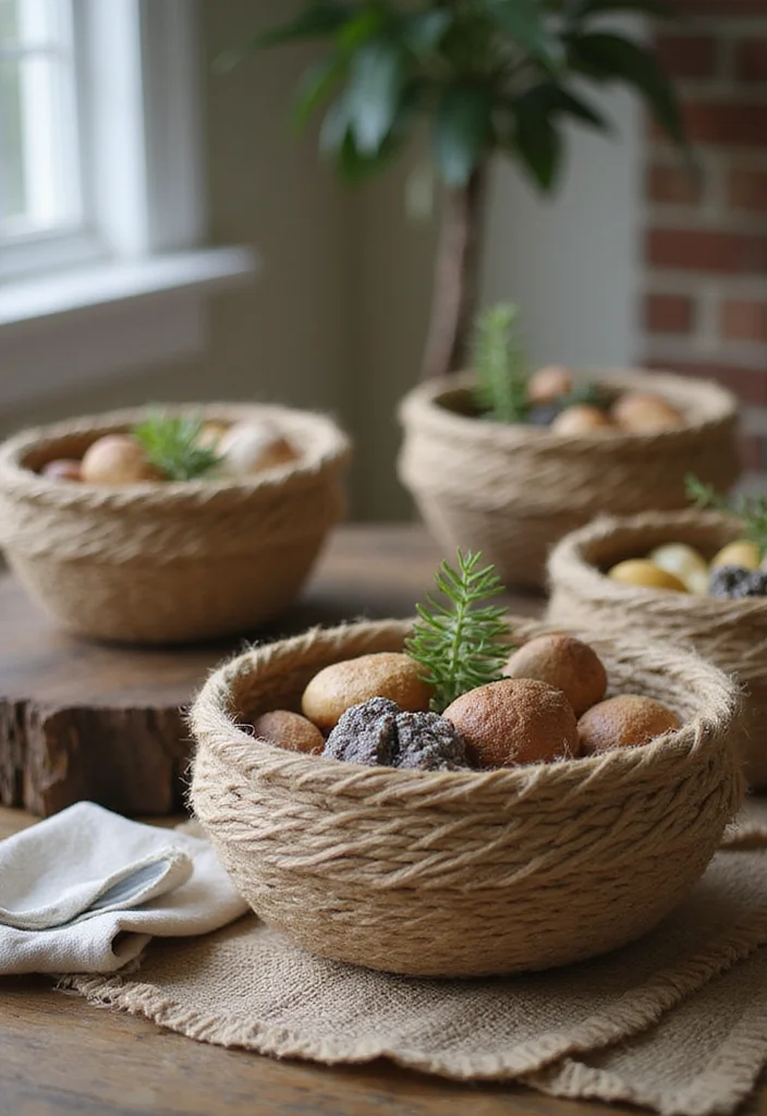 DIY Dollar Tree Farmhouse Decor: A Rustic Budget Guide with 18 Cozy Ideas - 15. Twine Wrapped Bowls