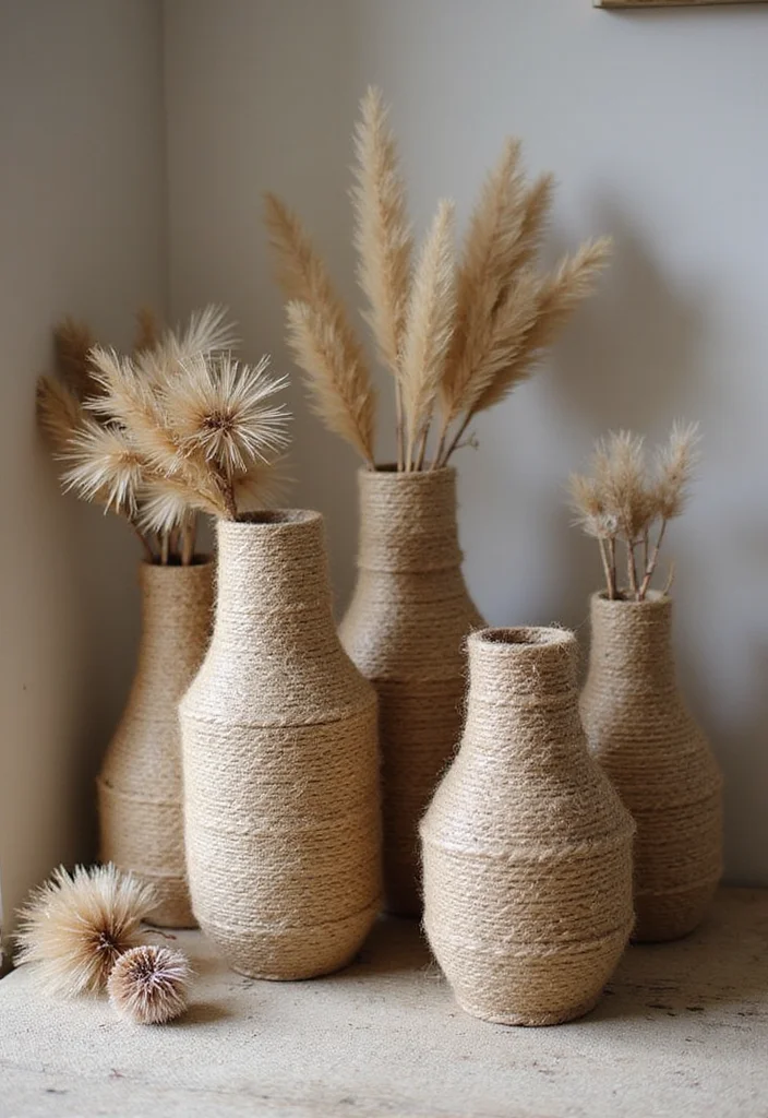 DIY Dollar Tree Farmhouse Decor: A Rustic Budget Guide with 18 Cozy Ideas - 5. Jute Twine Wrapped Vases