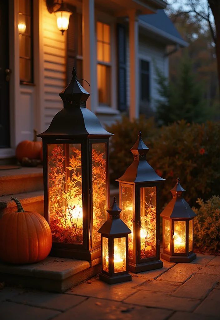 DIY Fall Front Porch Decor: A Seasonal Guide with 19 Warm Inspirations - 4. Lanterns with Warm Lighting