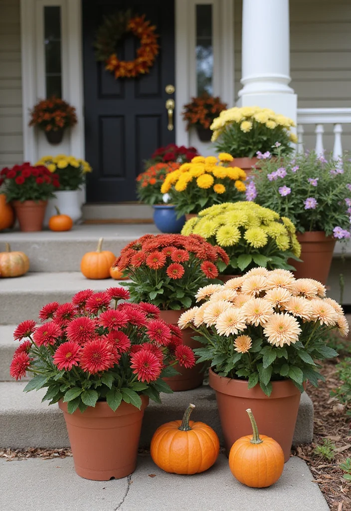 DIY Fall Front Porch Decor: A Seasonal Guide with 19 Warm Inspirations - 7. Potted Mums and Seasonal Flowers