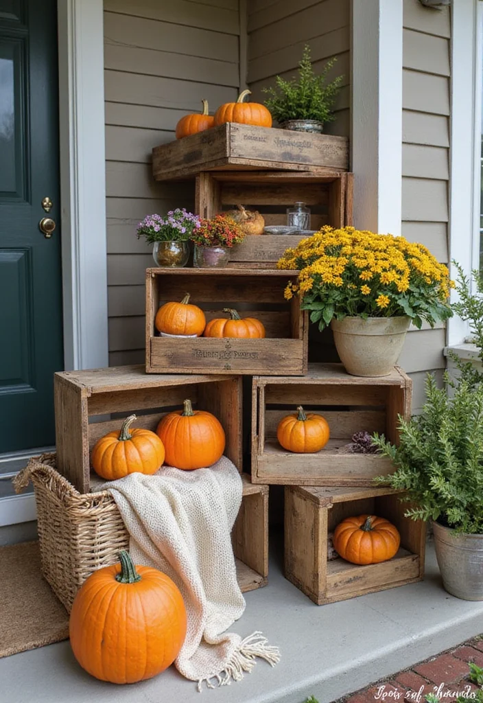 DIY Fall Front Porch Decor: A Seasonal Guide with 19 Warm Inspirations - 8. Vintage Crates as Decor