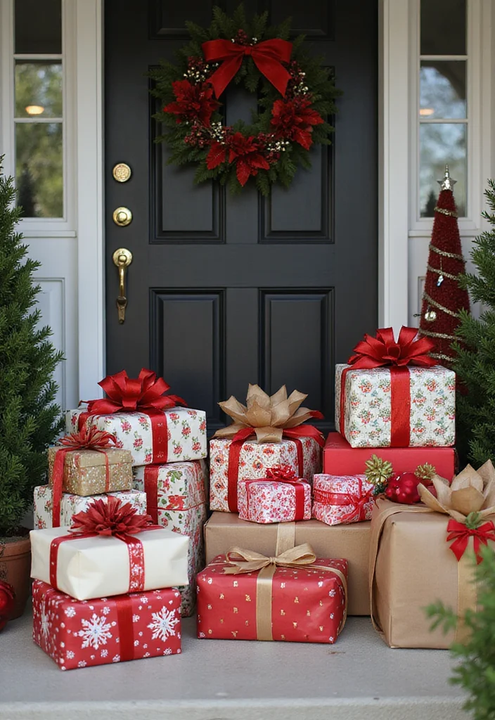 DIY Front Porch Christmas Decor: A Cozy Holiday Guide with 18 Cheerful Inspirations - 12. Handmade Gift Wrap Display: Festive Showcase
