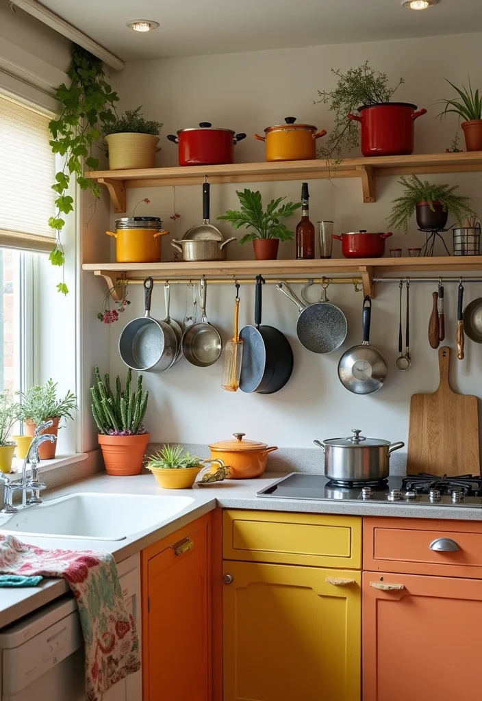 DIY Kitchen Wall Decor Ideas: A Stylish Home Guide with 19 Practical Inspirations - 14. Colorful Pot Rack