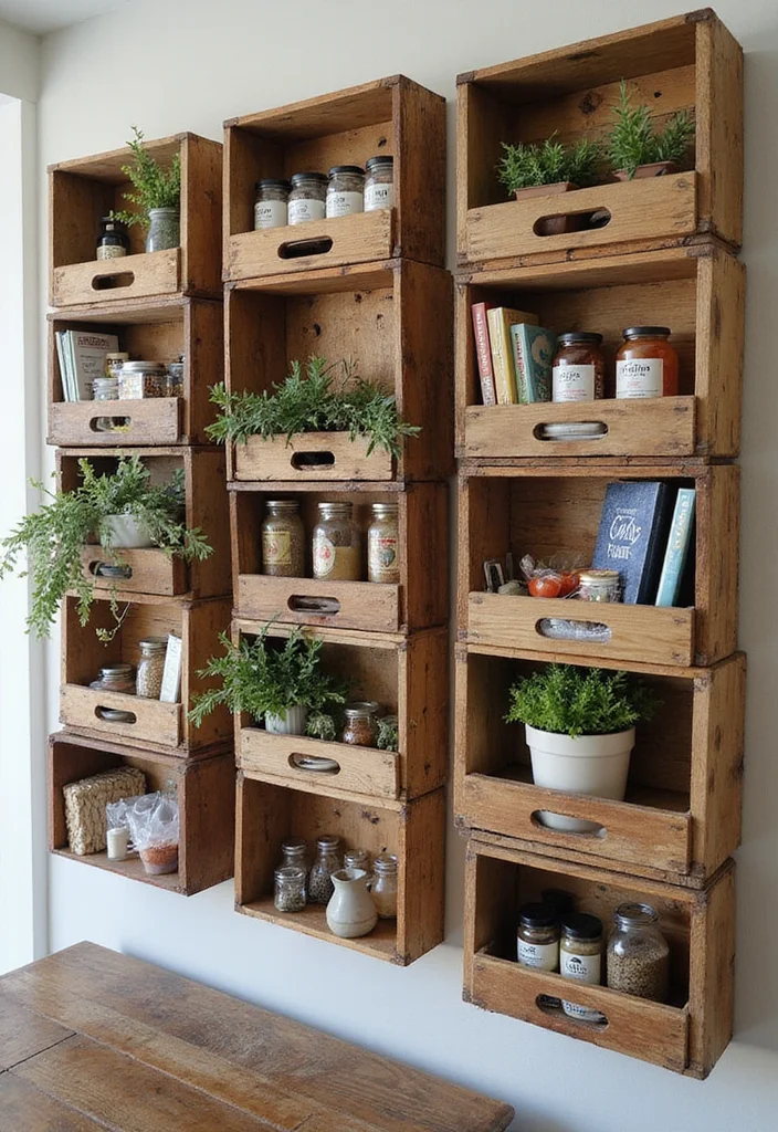 DIY Kitchen Wall Decor Ideas: A Stylish Home Guide with 19 Practical Inspirations - 7. Upcycled Wooden Crates