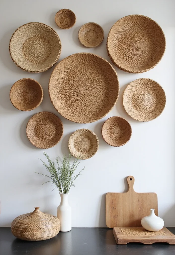 DIY Kitchen Wall Decor Ideas: A Stylish Home Guide with 19 Practical Inspirations - 9. Woven Baskets as Wall Art